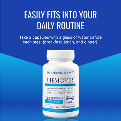 Approved Science Hemovir - Hemorrhoid Support Supplement - Witch Hazel, Horse Chestnut - 45 Capsules - 1 Bottle - Vegan - dailyvitalstore