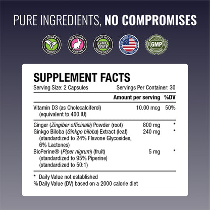 Approved Science VertiSyl - Ginkgo Biloba, Ginger, Vitamin D3, BioPerine - 60 Capsules - 1 Month Supply - dailyvitalstore
