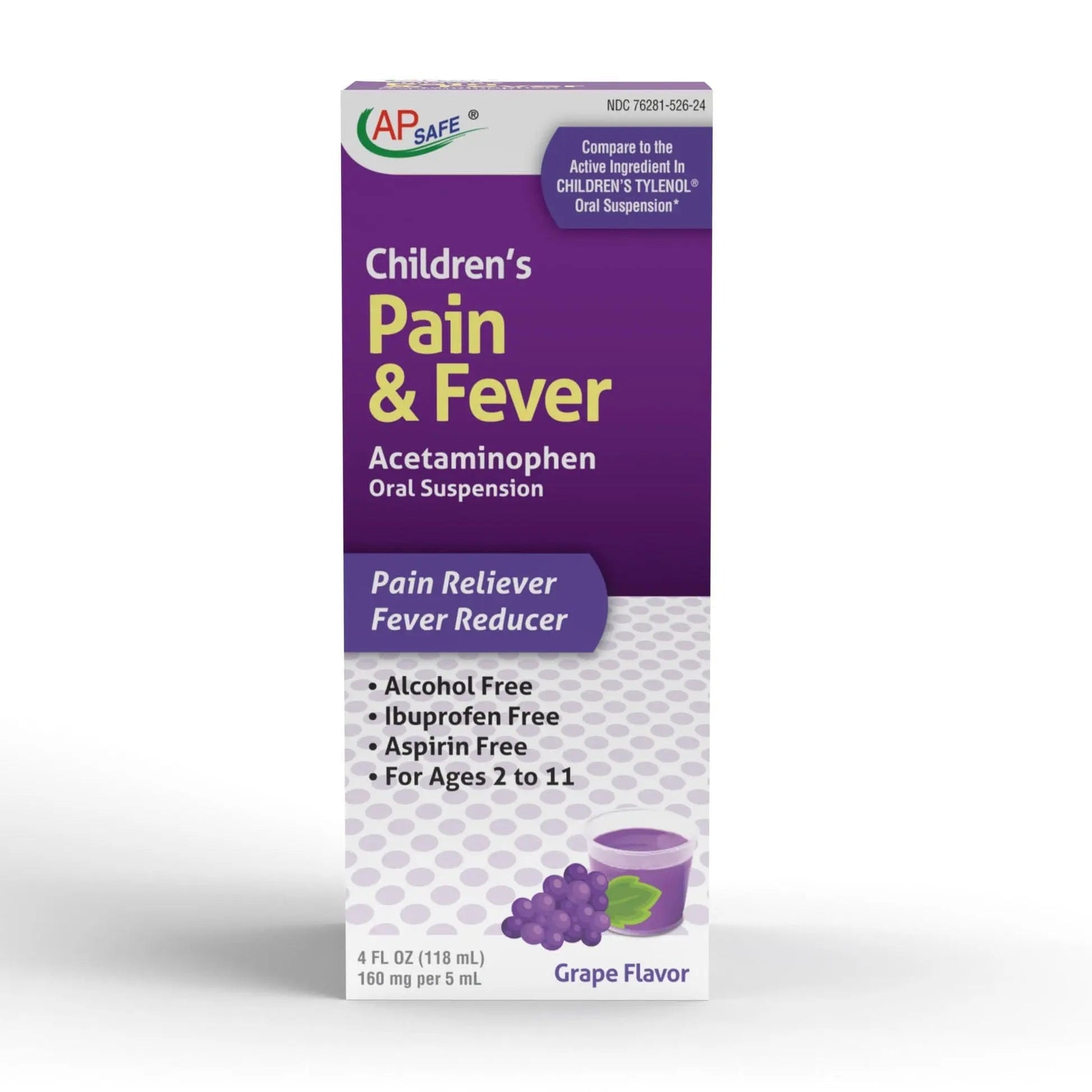 APSAFE Children's Pain&Fever Relief Acetaminophen Oral Suspension Grape Flavor 4oz - dailyvitalstore