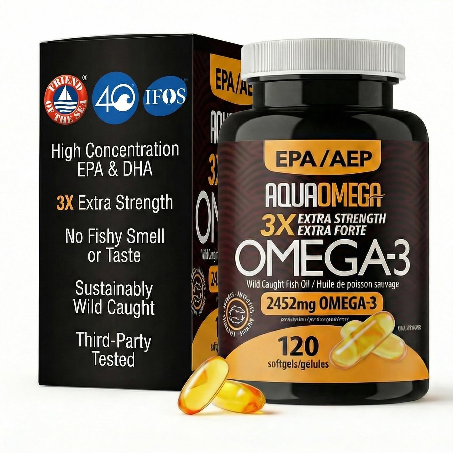AQUAOMEGA 3X Extra Strength Omega-3 Fish Oil for Heart, Brain & Immune Support, 1636mg EPA, 544mg DHA + Vitamin D3, Full Natural Triglyceride Form, - dailyvitalstore
