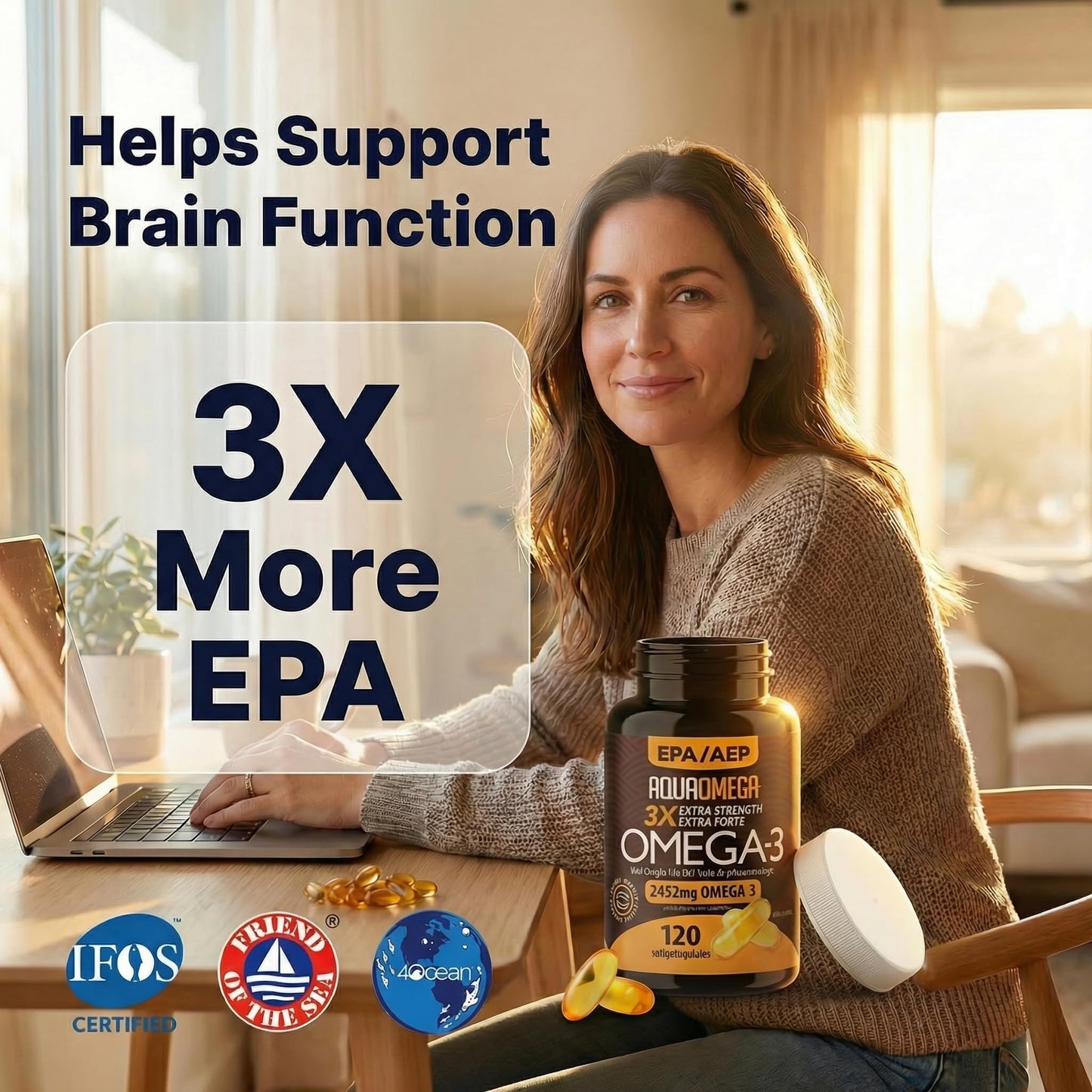 AQUAOMEGA 3X Extra Strength Omega-3 Fish Oil for Heart, Brain & Immune Support, 1636mg EPA, 544mg DHA + Vitamin D3, Full Natural Triglyceride Form, - dailyvitalstore