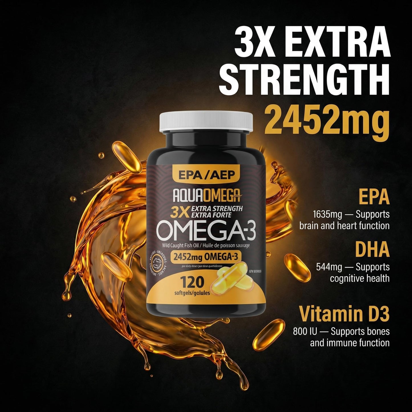 AQUAOMEGA 3X Extra Strength Omega-3 Fish Oil for Heart, Brain & Immune Support, 1636mg EPA, 544mg DHA + Vitamin D3, Full Natural Triglyceride Form, - dailyvitalstore