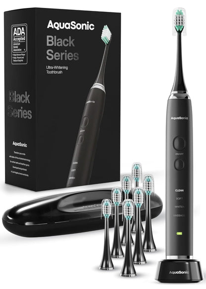 Aquasonic Black Series Ultra Whitening Toothbrush – ADA Accepted Electric Toothbrush- 8 Brush Heads & Travel Case – 40,000 VPM Electric Motor & Wireless - dailyvitalstore