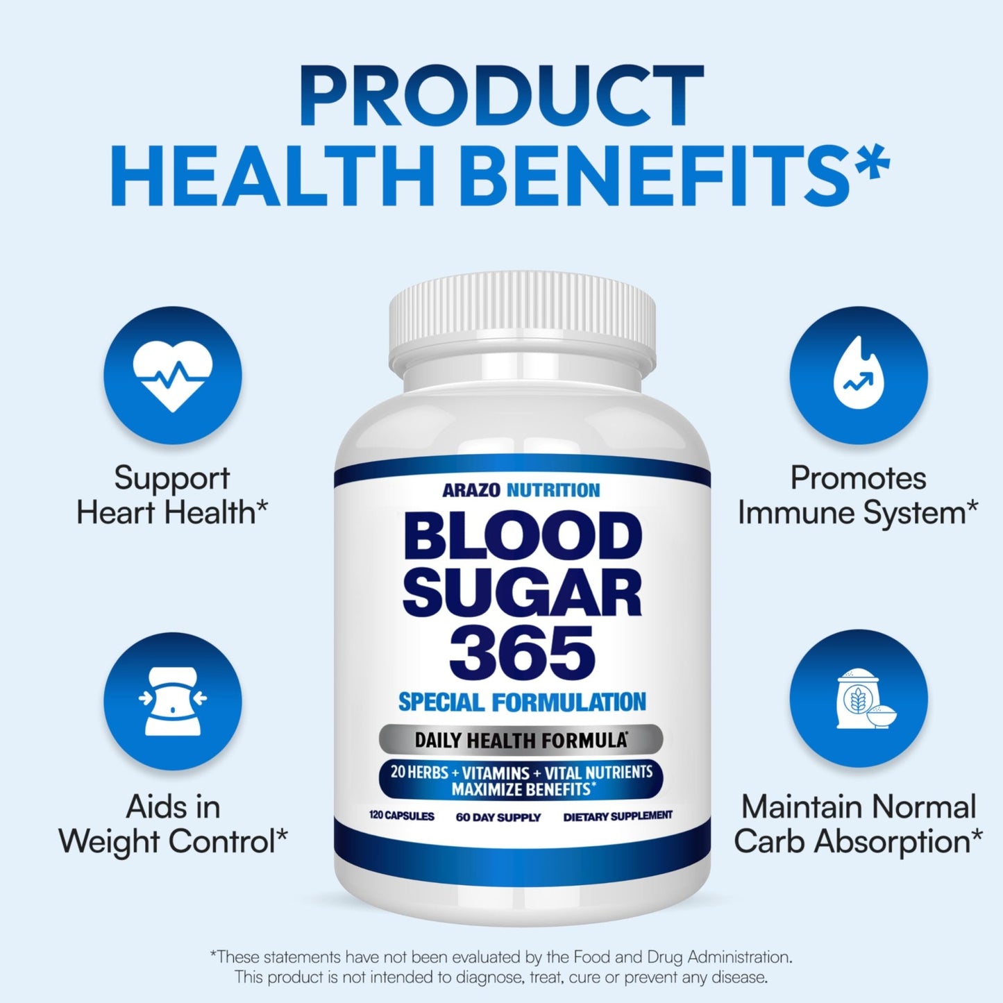 Arazo Nutrition Blood Sugar 365 Supplement – Supports Healthy Energy Levels - 120 Herbal Pills - 60 Day Supply - dailyvitalstore