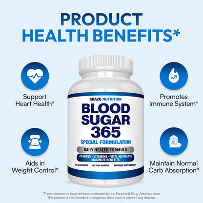 Arazo Nutrition Blood Sugar 365 Supplement – Supports Healthy Energy Levels - 120 Herbal Pills - 60 Day Supply - dailyvitalstore