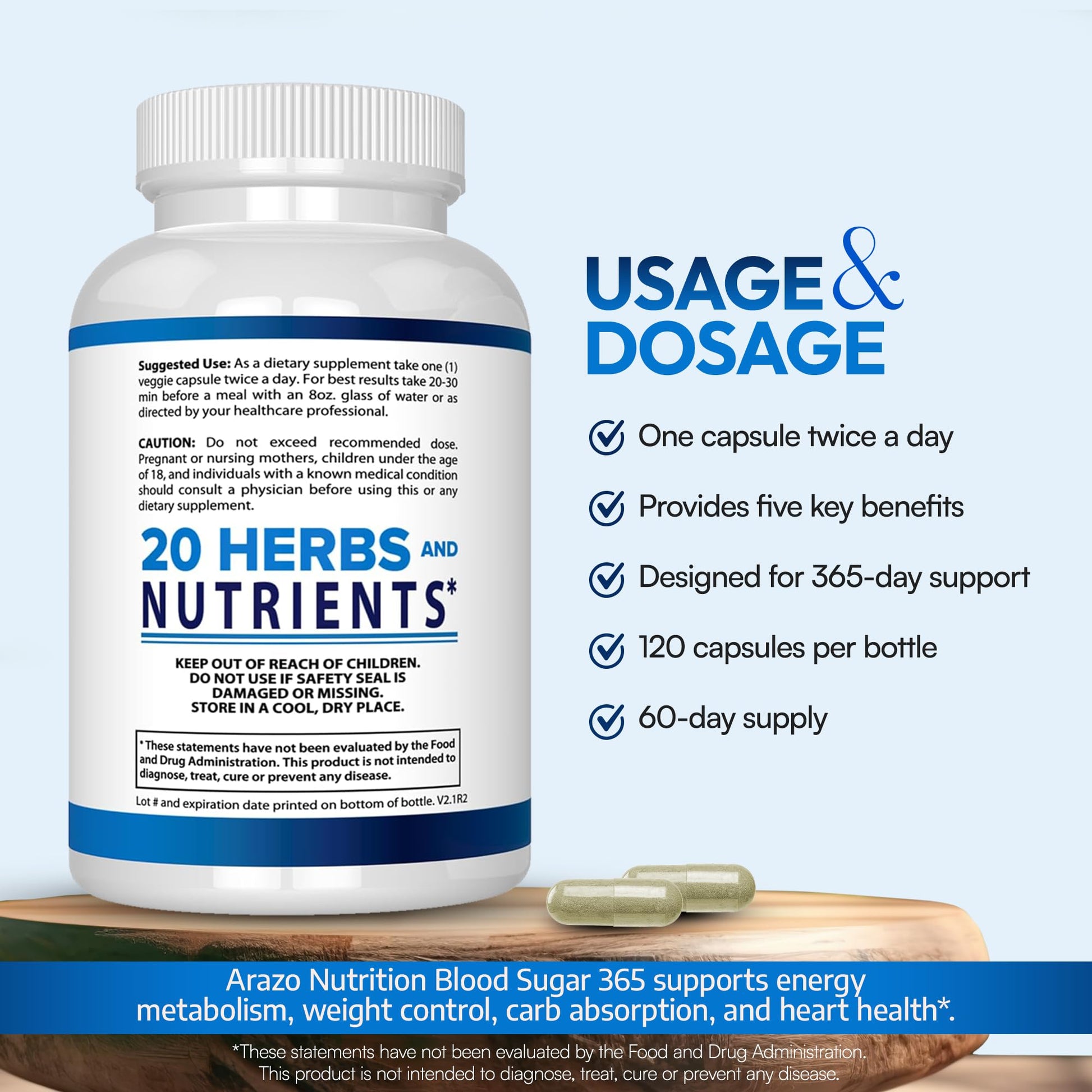 Arazo Nutrition Blood Sugar 365 Supplement – Supports Healthy Energy Levels - 120 Herbal Pills - 60 Day Supply - dailyvitalstore
