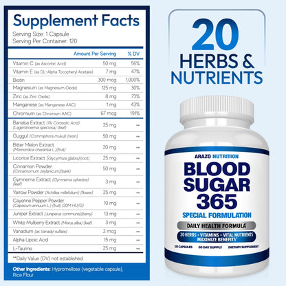 Arazo Nutrition Blood Sugar 365 Supplement – Supports Healthy Energy Levels - 120 Herbal Pills - 60 Day Supply - dailyvitalstore