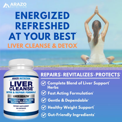 Arazo Nutrition Liver Cleanse Detox & Repair Formula – Milk Thistle Herbal Support Supplement: Silymarin, Beet - dailyvitalstore