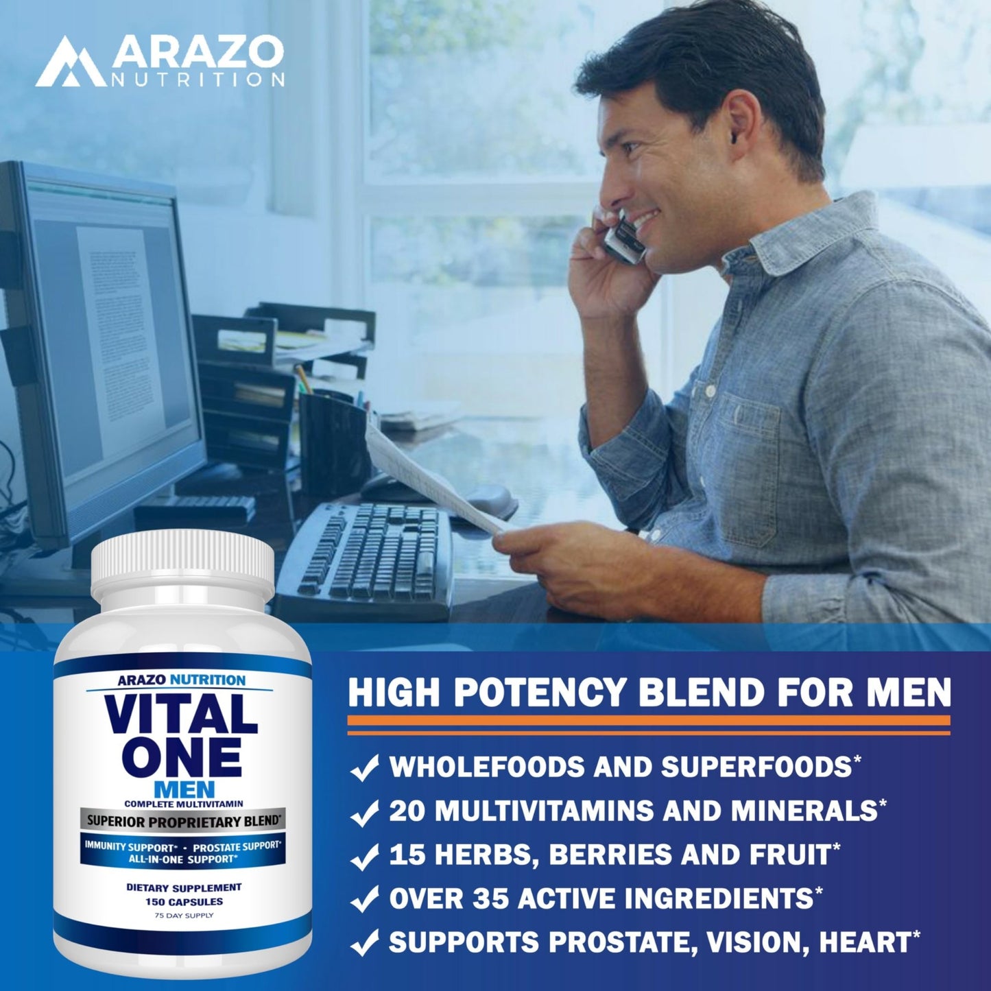Arazo Nutrition Vital One Multivitamin for Men – Daily Wholefood Supplement - 150 Vegan - dailyvitalstore