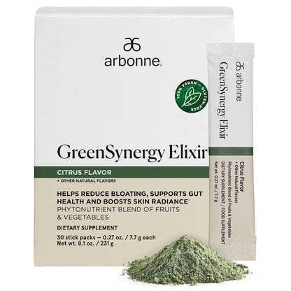 Arbonne GreenSynergy Elixir – Citrus-Flavored Greens Powder with 13 Digestive Enzymes, Vegan Collagen Builder, Probiotics, and Prebiotics – Supports Gut Health and Digestion – 30 Stick Packs - dailyvitalstore
