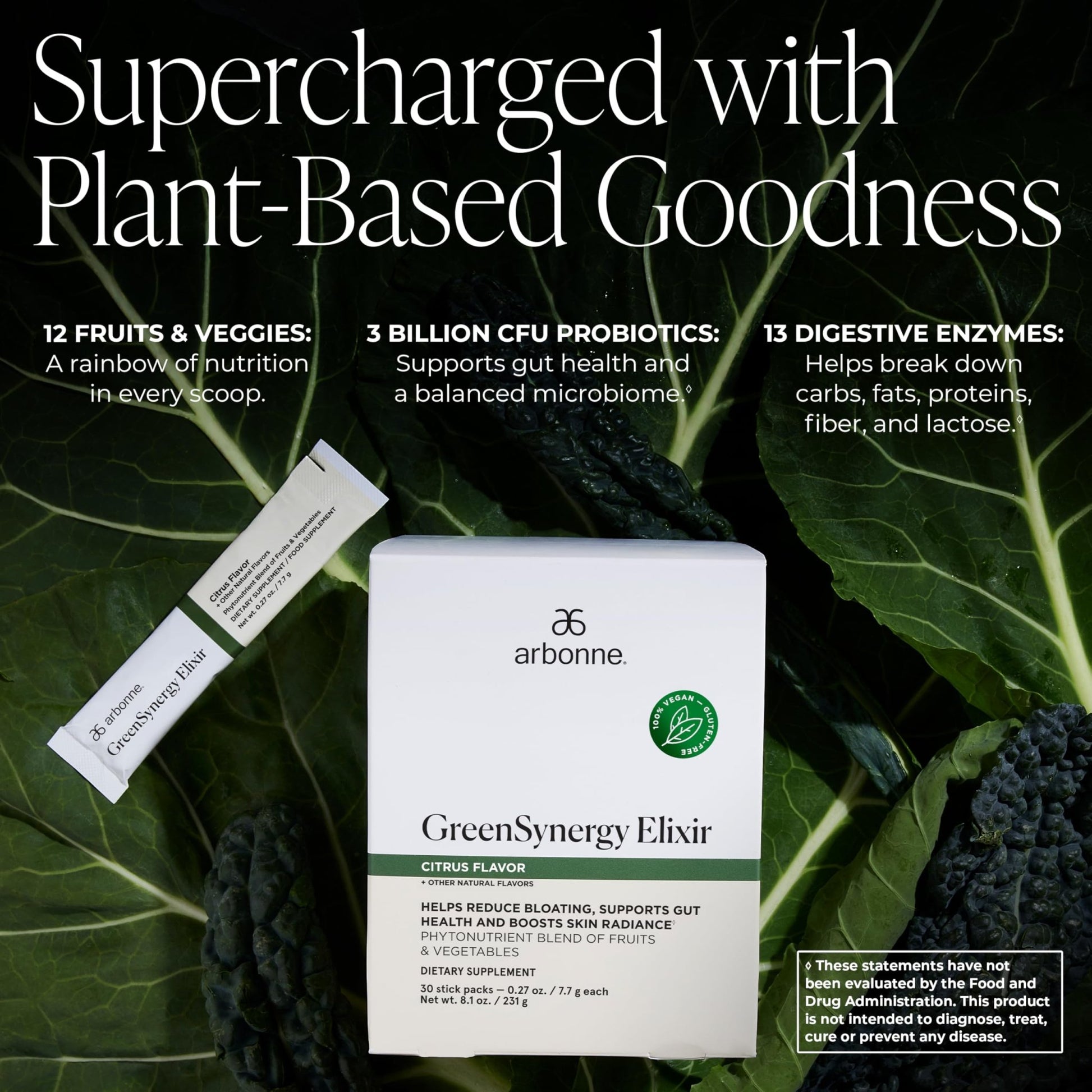 Arbonne GreenSynergy Elixir – Citrus-Flavored Greens Powder with 13 Digestive Enzymes, Vegan Collagen Builder, Probiotics, and Prebiotics – Supports Gut Health and Digestion – 30 Stick Packs - dailyvitalstore