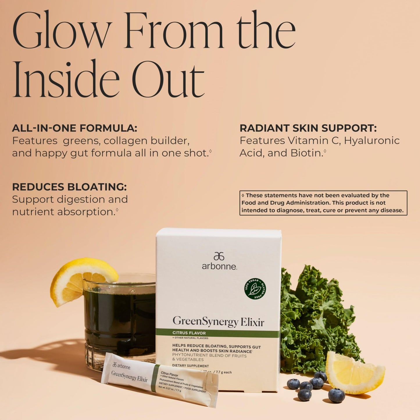 Arbonne GreenSynergy Elixir – Citrus-Flavored Greens Powder with 13 Digestive Enzymes, Vegan Collagen Builder, Probiotics, and Prebiotics – Supports Gut Health and Digestion – 30 Stick Packs - dailyvitalstore