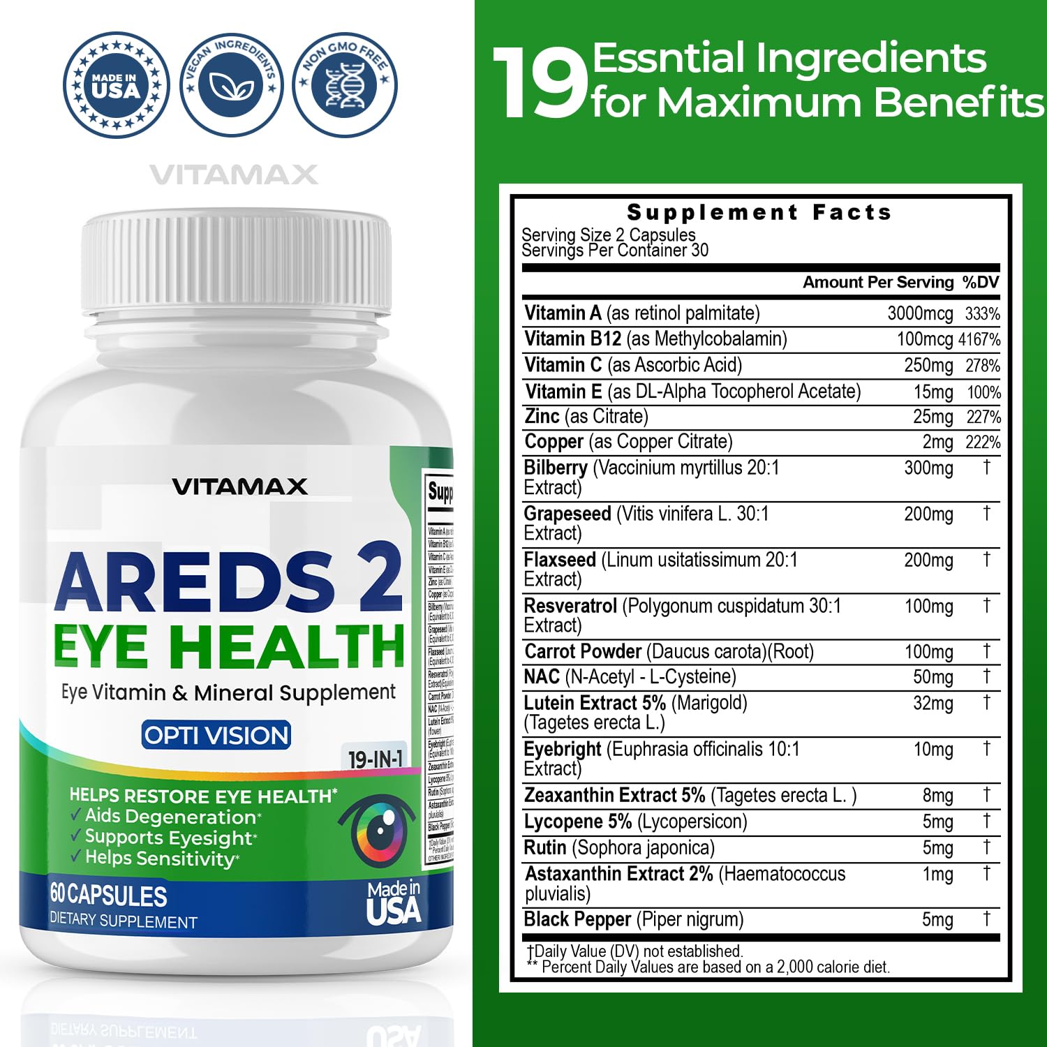 AREDS 2 Eye Vitamins - Lutein, Zeaxanthin, Bilberry, Astaxanthin Mineral Vision Supplement - Supports Eye Strain, Dry Eyes, Pressure, and Vision Health - Made in USA - 120ct - dailyvitalstore