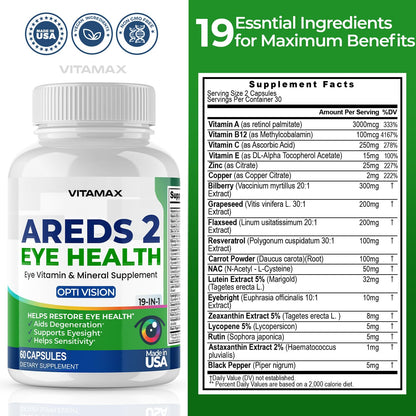 AREDS 2 Eye Vitamins - Lutein, Zeaxanthin, Bilberry, Astaxanthin Mineral Vision Supplement - Supports Eye Strain, Dry Eyes, Pressure, and Vision Health - Made in USA - 120ct - dailyvitalstore