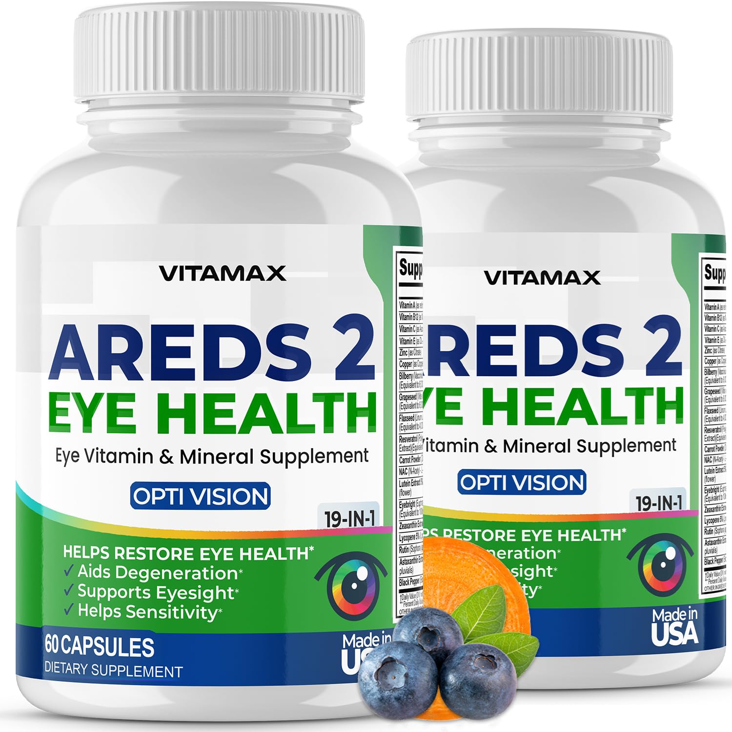 AREDS 2 Eye Vitamins - Lutein, Zeaxanthin, Bilberry, Astaxanthin Mineral Vision Supplement - Supports Eye Strain, Dry Eyes, Pressure, and Vision Health - Made in USA - 120ct - dailyvitalstore