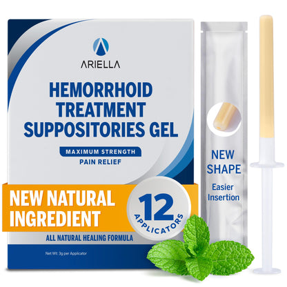 Ariella Hemorrhoid Treatment Suppository Gel: Natural & Herbal - Relieve Itching Burning Discomfort - Internal Relief - New Rounded Applicator - Nighttime Use (Pack of 12) - dailyvitalstore