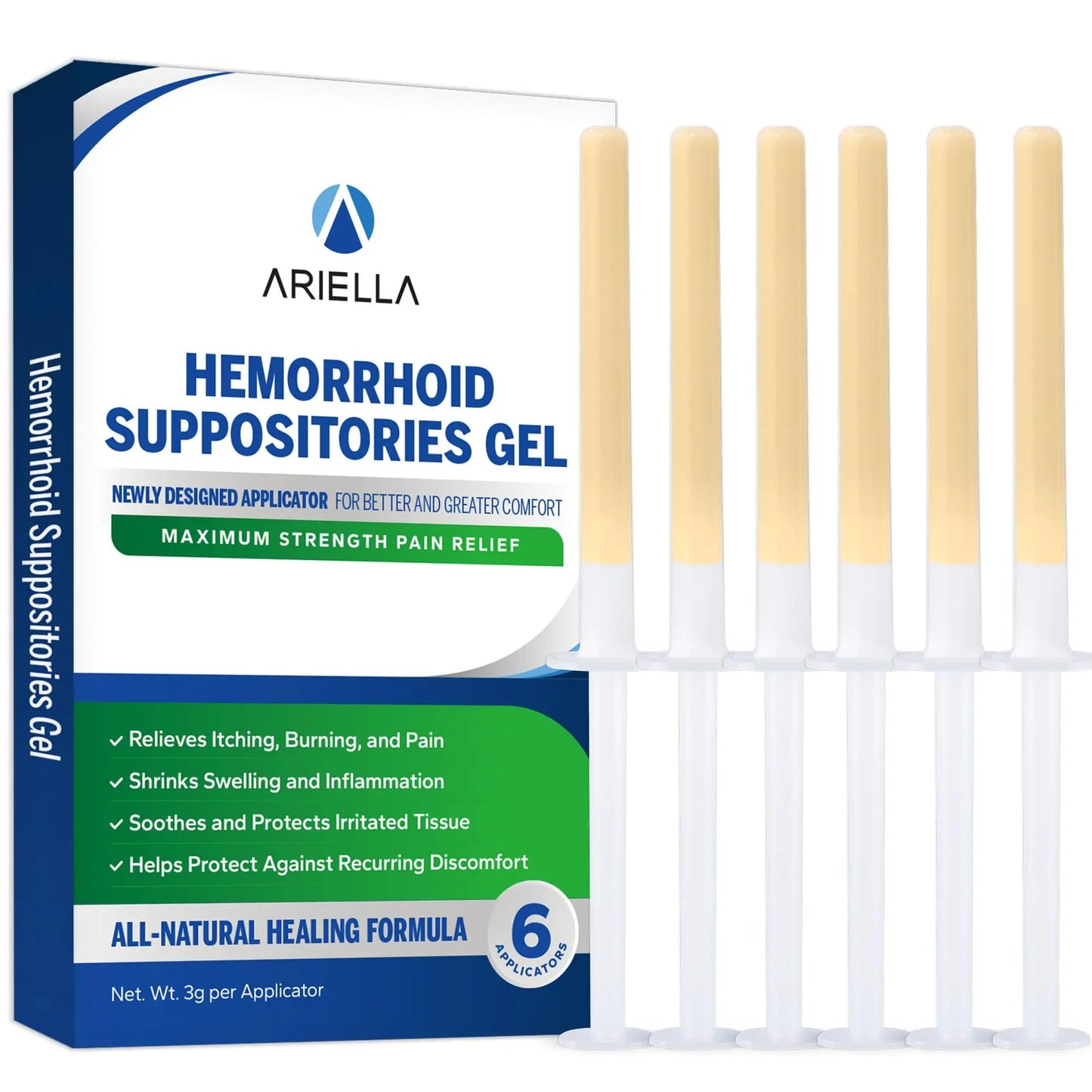 Ariella Hemorrhoid Treatment Suppository Gel: Natural & Herbal - Relieve Itching Burning Discomfort - Internal Relief - New Rounded Applicator - Nighttime Use (Pack of 6) - dailyvitalstore