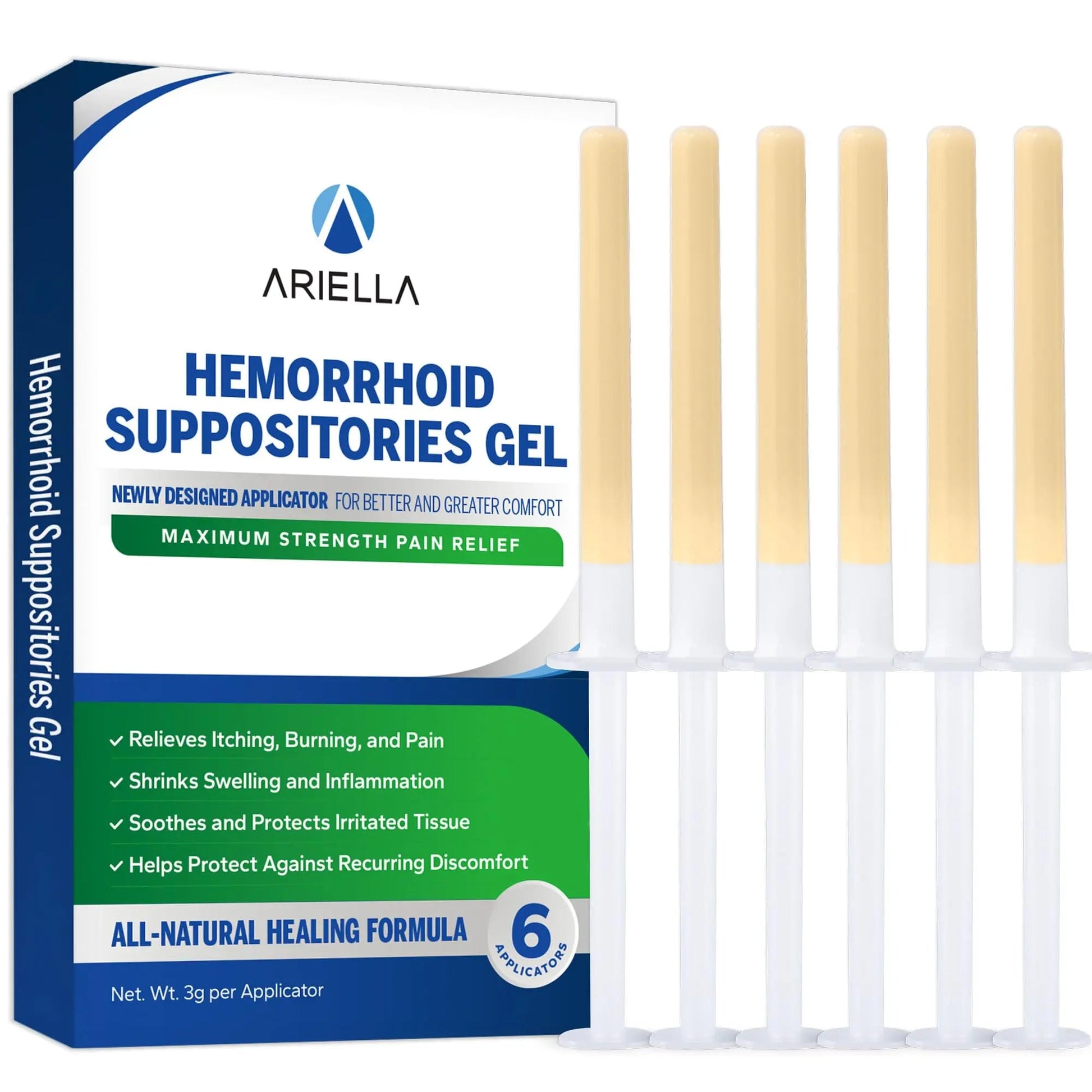 Ariella Hemorrhoid Treatment Suppository Gel: Natural & Herbal - Relieve Itching Burning Discomfort - Internal Relief - New Rounded Applicator - Nighttime Use (Pack of 6) - dailyvitalstore