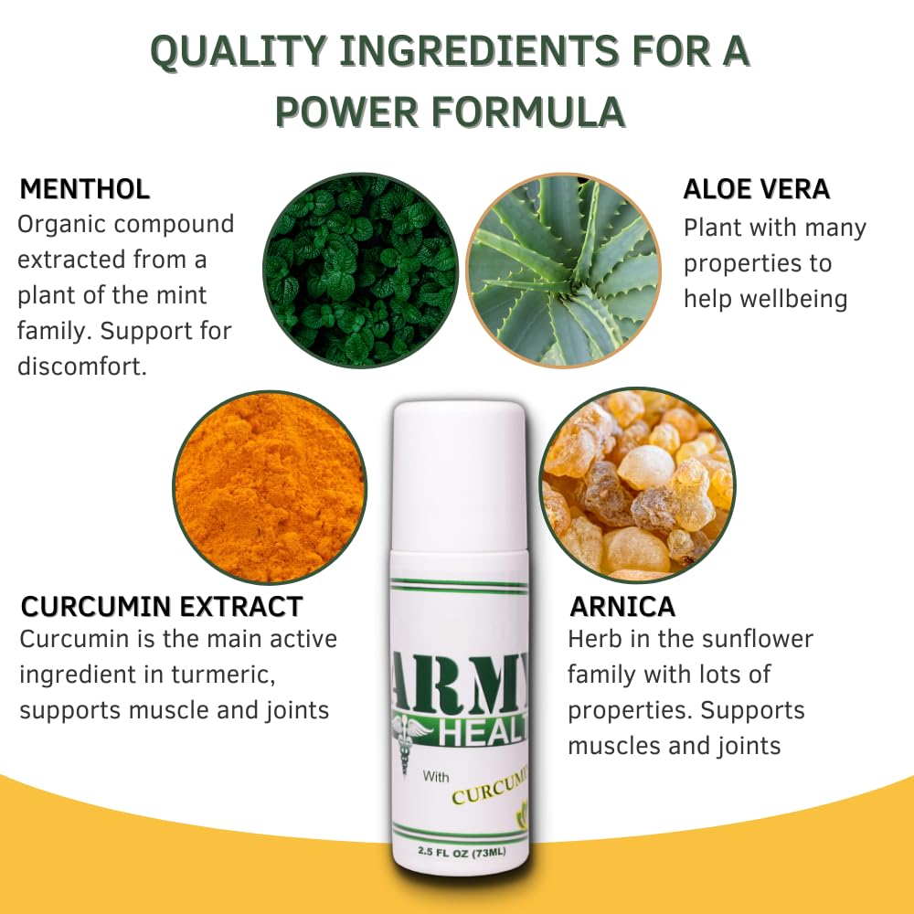 ARMY HEALTH Roll On 100% Natural Turmeric Curcumin - Pain Reliever - Inflammation - Headache - Backache - Joint and Muscle Pain 2.5 Oz - dailyvitalstore