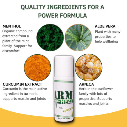 ARMY HEALTH Roll On 100% Natural Turmeric Curcumin - Pain Reliever - Inflammation - Headache - Backache - Joint and Muscle Pain 2.5 Oz - dailyvitalstore