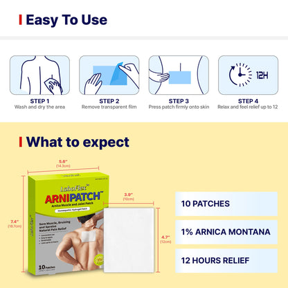 Arnica Hydrogel Pain Relief Patches | Natural Relief for Muscle, Joint, Bruises & Swelling | Flexible, Non-Greasy & Long-Lasting | Great for Back, Knee & Neck Pain (3.9"x4.7", 10, Count) - dailyvitalstore