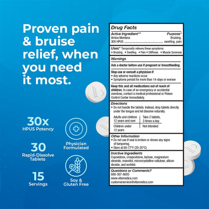 Arnica Montana 30X HPUS, Clinical Grade, Quick Dissolve Tablets, Five-Day Recovery Pack for Pain and Bruise Relief After Surgery or Injury, Natural Healing, Gentle on The Stomach - 30 Count - dailyvitalstore