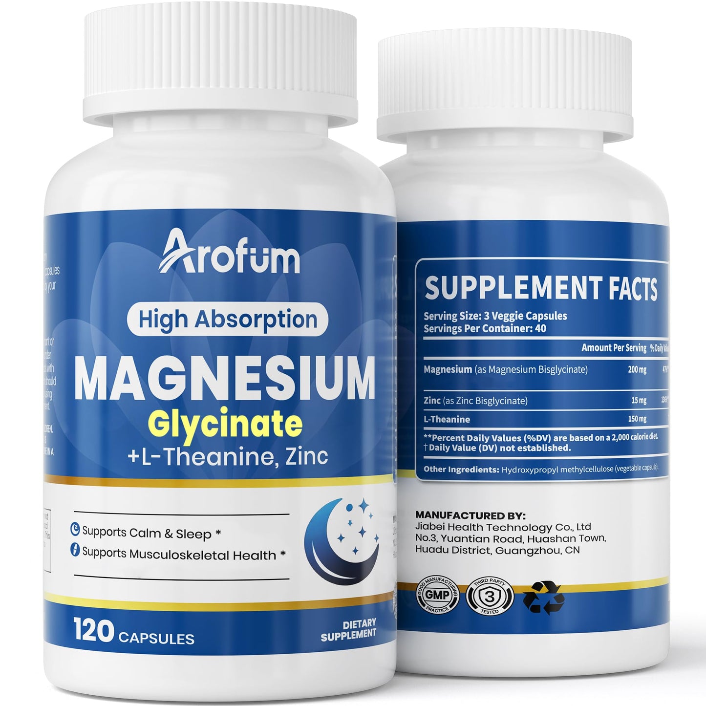 AROFUM Magnesium Glycine 200 mg, with L-theanine and Zinc Glycine – Magnesium Supplement to Help Soothe Emotions, Balance Stress, and Promote restful Sleep – Non-GMO Vegan Capsules, 120 Capsules - dailyvitalstore