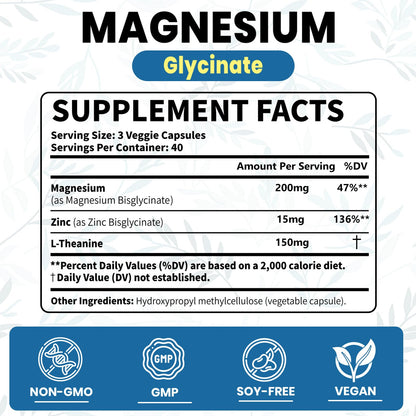 AROFUM Magnesium Glycine 200 mg, with L-theanine and Zinc Glycine – Magnesium Supplement to Help Soothe Emotions, Balance Stress, and Promote restful Sleep – Non-GMO Vegan Capsules, 120 Capsules - dailyvitalstore