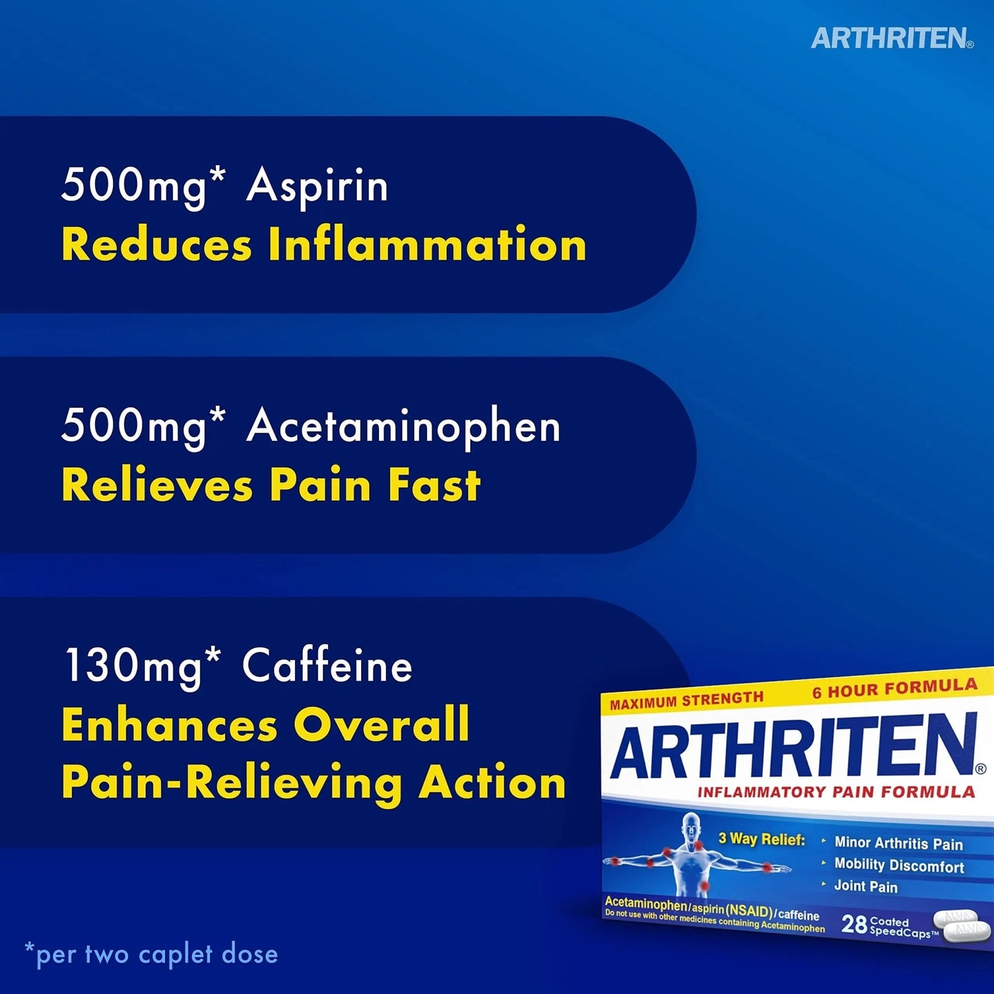 Arthriten Inflammatory Pain Formula Caplets with 3 Active Ingredients: Aspirin, Acetaminophen & Caffeine, White, 28 Count (Pack of 1) - dailyvitalstore