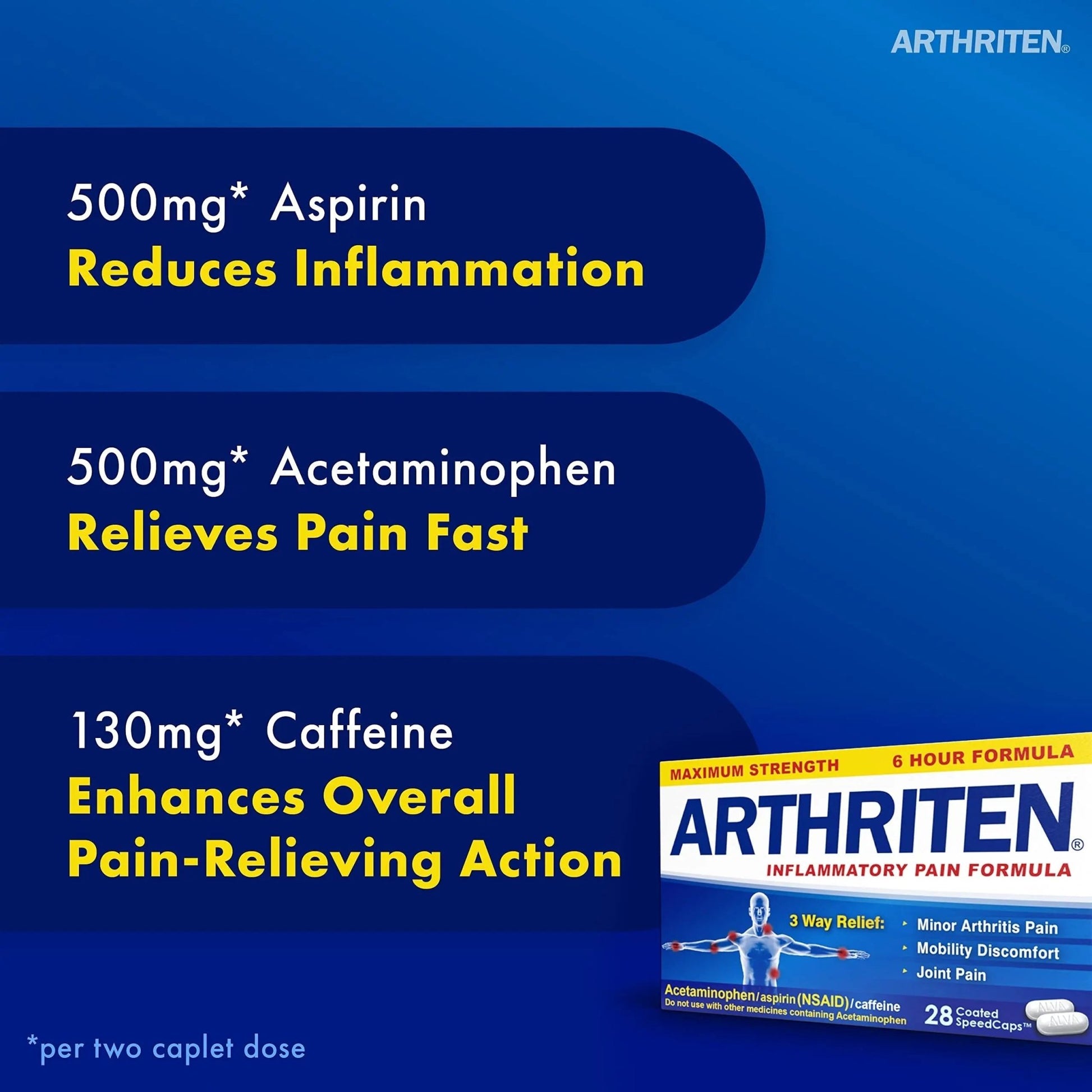 Arthriten Inflammatory Pain Formula Caplets with 3 Active Ingredients: Aspirin, Acetaminophen & Caffeine, White, 28 Count (Pack of 1) - dailyvitalstore