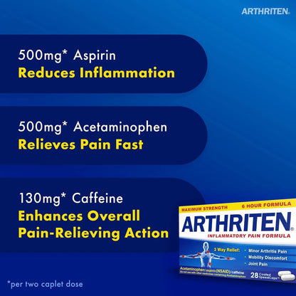 Arthriten Inflammatory Pain Formula Caplets with 3 Active Ingredients: Aspirin, Acetaminophen & Caffeine, White, 28 Count (Pack of 1) - dailyvitalstore