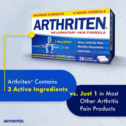 Arthriten Inflammatory Pain Formula Caplets with 3 Active Ingredients: Aspirin, Acetaminophen & Caffeine, White, 28 Count (Pack of 1) - dailyvitalstore
