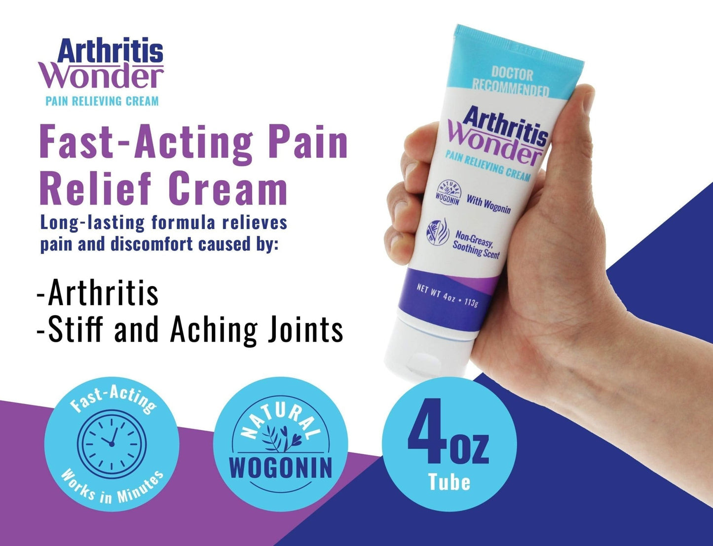 Arthritis Wonder Pain Relief Cream, 4 oz – Arthritis Pain Relief Cream for Hand, Knee, Foot and Wrist Joints – Fast-Acting, Deep Penetrating, Non-Greasy Formula with Natural Wogonin - 3 Pack - dailyvitalstore