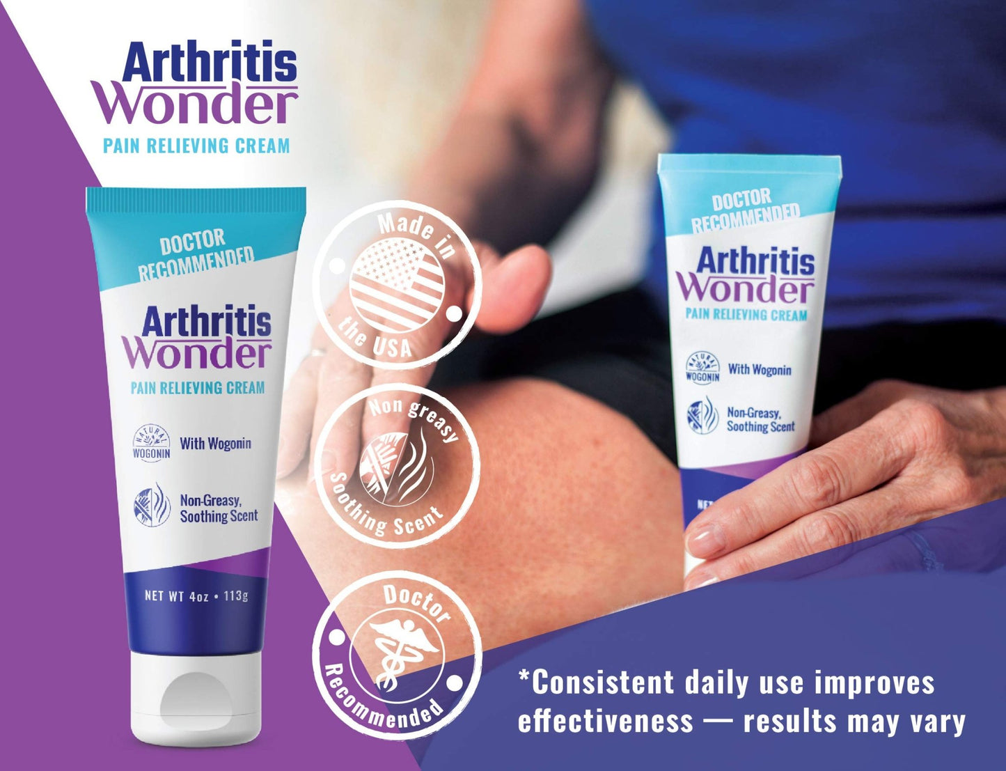 Arthritis Wonder Pain Relief Cream, 4 oz – Arthritis Pain Relief Cream for Hand, Knee, Foot and Wrist Joints – Fast-Acting, Deep Penetrating, Non-Greasy Formula with Natural Wogonin - 2 Pack - dailyvitalstore