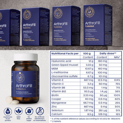ArthroFill™ Tablets - Proven European Joint Relief - Vegan Hyaluronic Acid - Nutrient Complex - Support Active Movement Functions with 15 Vital Micronutrients - Made in Germany - dailyvitalstore