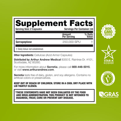 Arthur Andrew Medical, Serretia, Serrapeptase Formula for Muscle and Sinus Support, 60 Capsules - dailyvitalstore