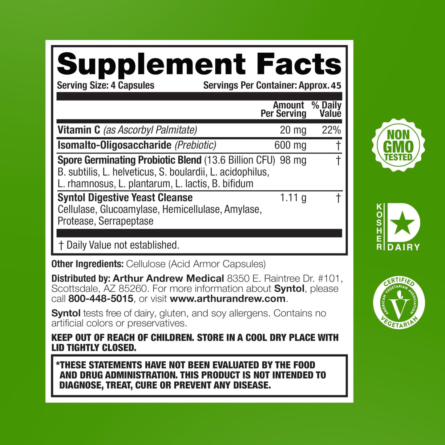 Arthur Andrew Medical, Syntol, 3-in-1 Formula with Probiotics, Prebiotic Fiber & Yeast Cleansing Multi-Enzymes, 180 - dailyvitalstore