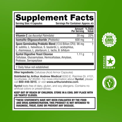Arthur Andrew Medical, Syntol, 3-in-1 Formula with Probiotics, Prebiotic Fiber & Yeast Cleansing Multi-Enzymes, 180 - dailyvitalstore