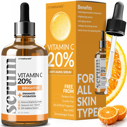 artnaturals Anti-Aging Vitamin C Serum - (1 Fl Oz / 30ml) - with Hyaluronic Acid and Vit E - Wrinkle Repairs Dark Circles, Fades Age Spots and Sun Damage - dailyvitalstore