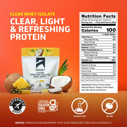 Ascent 100% Clear Whey Protein Powder - Post Workout Whey Protein Isolate, Zero Artificial Flavors & Sweeteners, Gluten Free, 5.5g BCAA, 2.1g Leucine, Essential Amino Acids, Pineapple Coconut, 20 Serv - dailyvitalstore