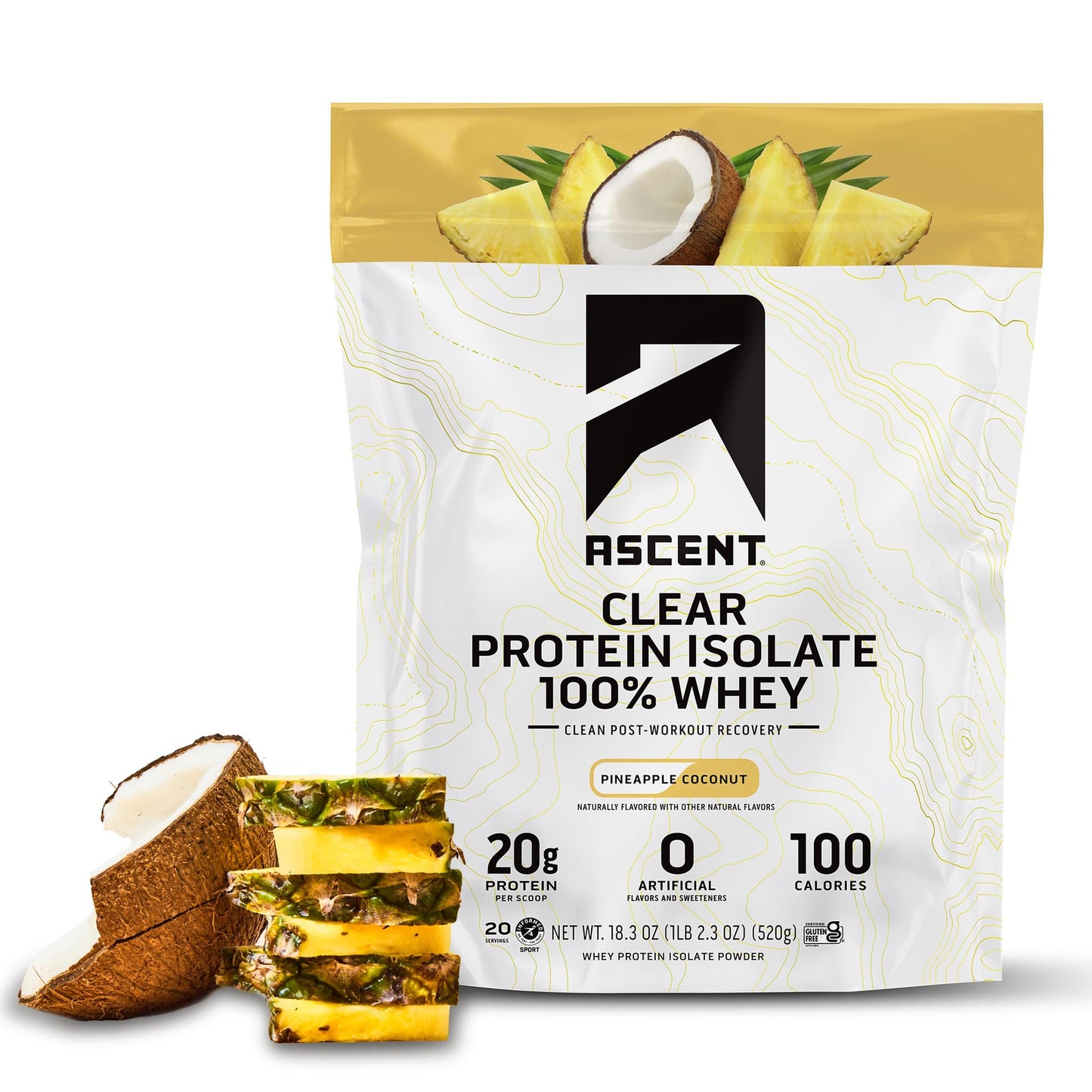 Ascent 100% Clear Whey Protein Powder - Post Workout Whey Protein Isolate, Zero Artificial Flavors & Sweeteners, Gluten Free, 5.5g BCAA, 2.1g Leucine, Essential Amino Acids, Pineapple Coconut, 20 Serv - dailyvitalstore