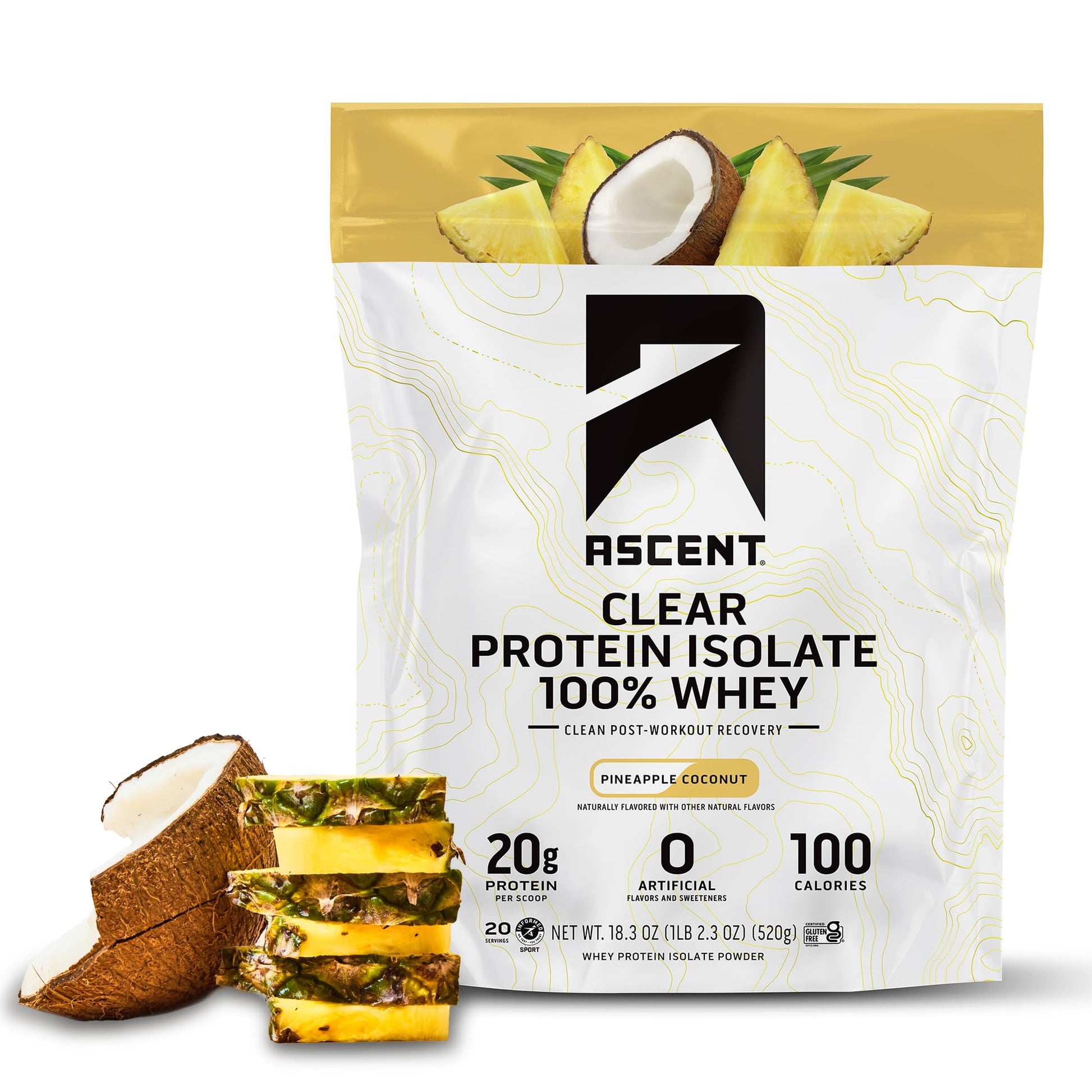 Ascent 100% Clear Whey Protein Powder - Post Workout Whey Protein Isolate, Zero Artificial Flavors & Sweeteners, Gluten Free, 5.5g BCAA, 2.1g Leucine, Essential Amino Acids, Pineapple Coconut, 20 Serv - dailyvitalstore