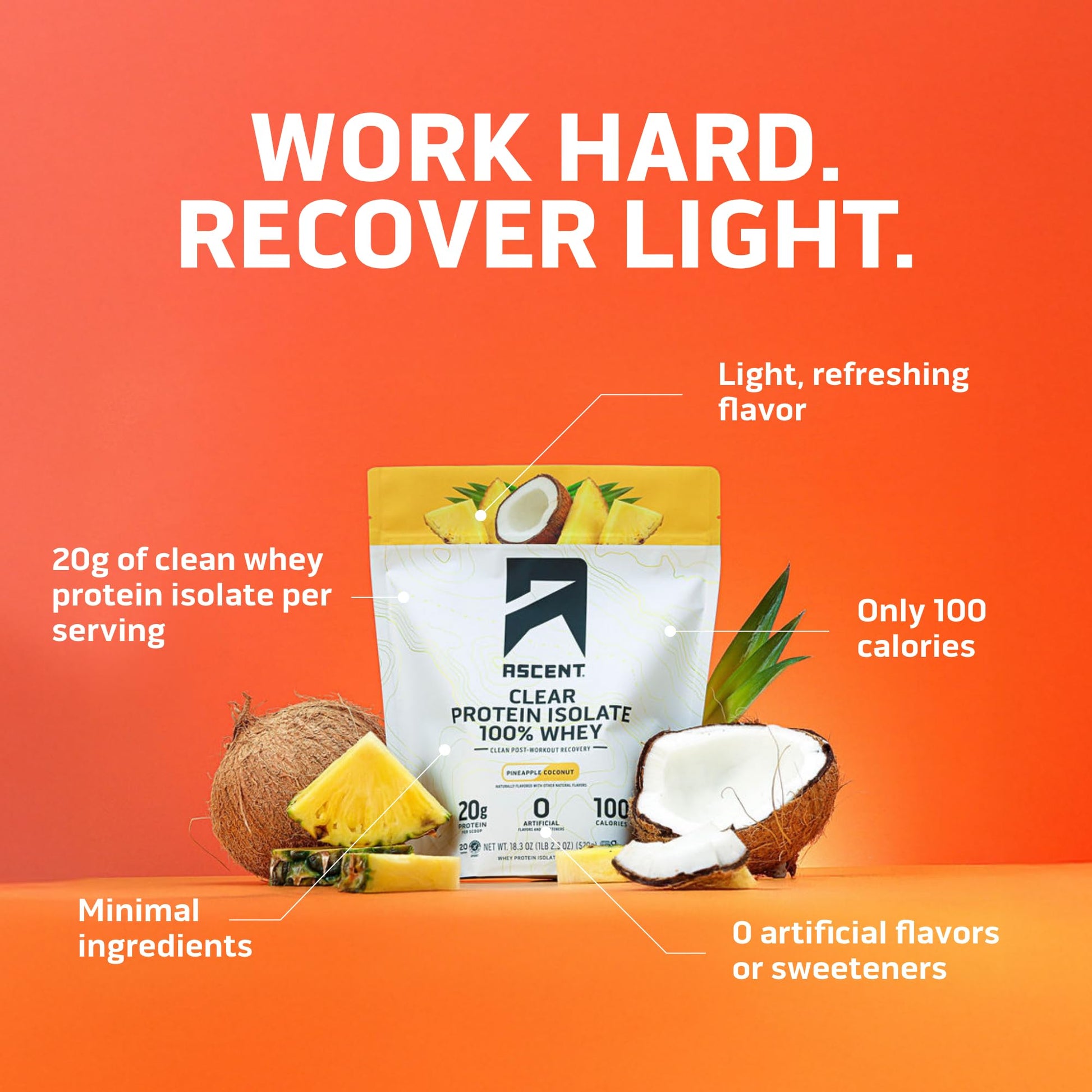 Ascent 100% Clear Whey Protein Powder - Post Workout Whey Protein Isolate, Zero Artificial Flavors & Sweeteners, Gluten Free, 5.5g BCAA, 2.1g Leucine, Essential Amino Acids, Pineapple Coconut, 20 Serv - dailyvitalstore