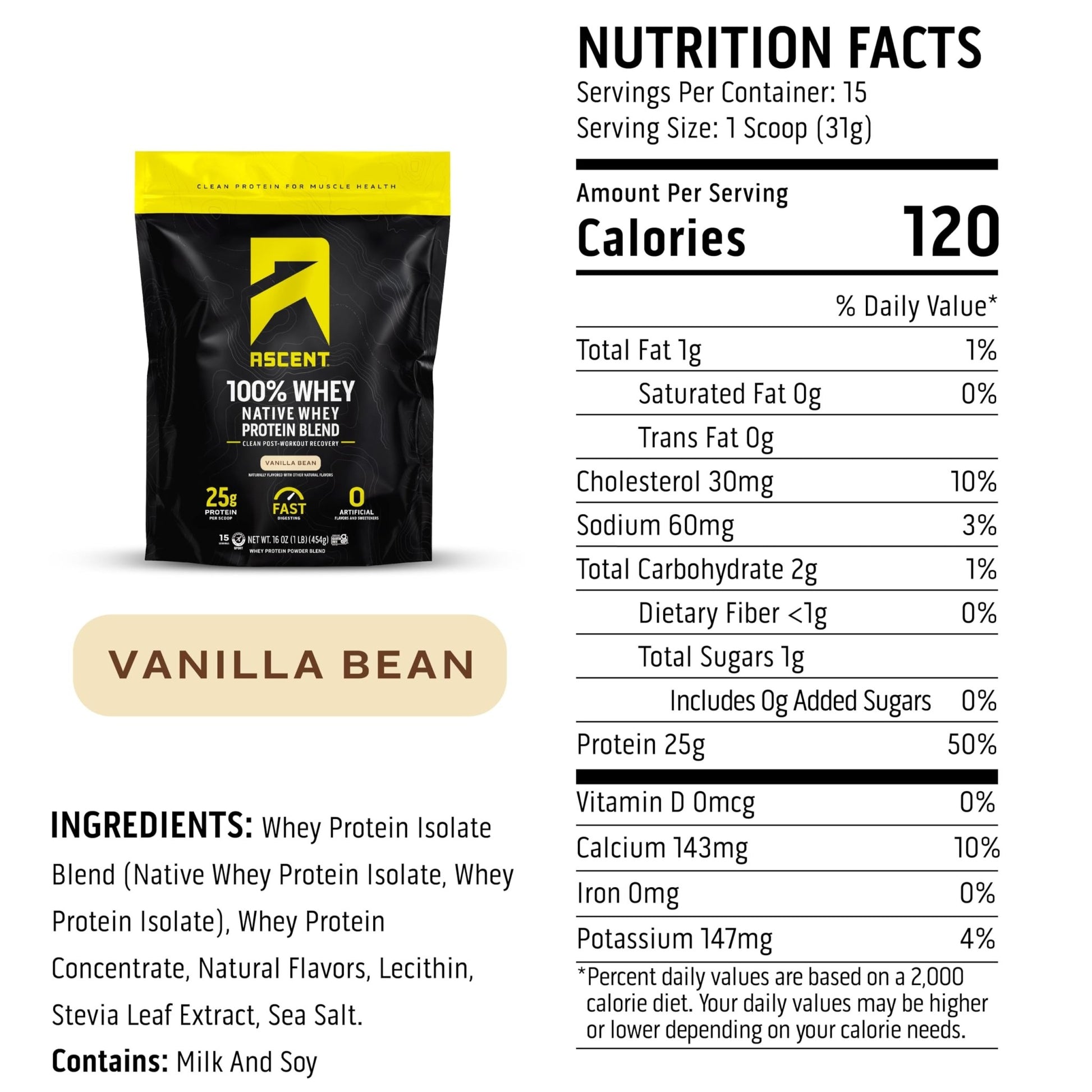 Ascent 100% Whey Protein Powder - Post Workout Whey Protein Isolate, Zero Artificial Flavors & Sweeteners, Gluten Free, 5.5g BCAA, - dailyvitalstore