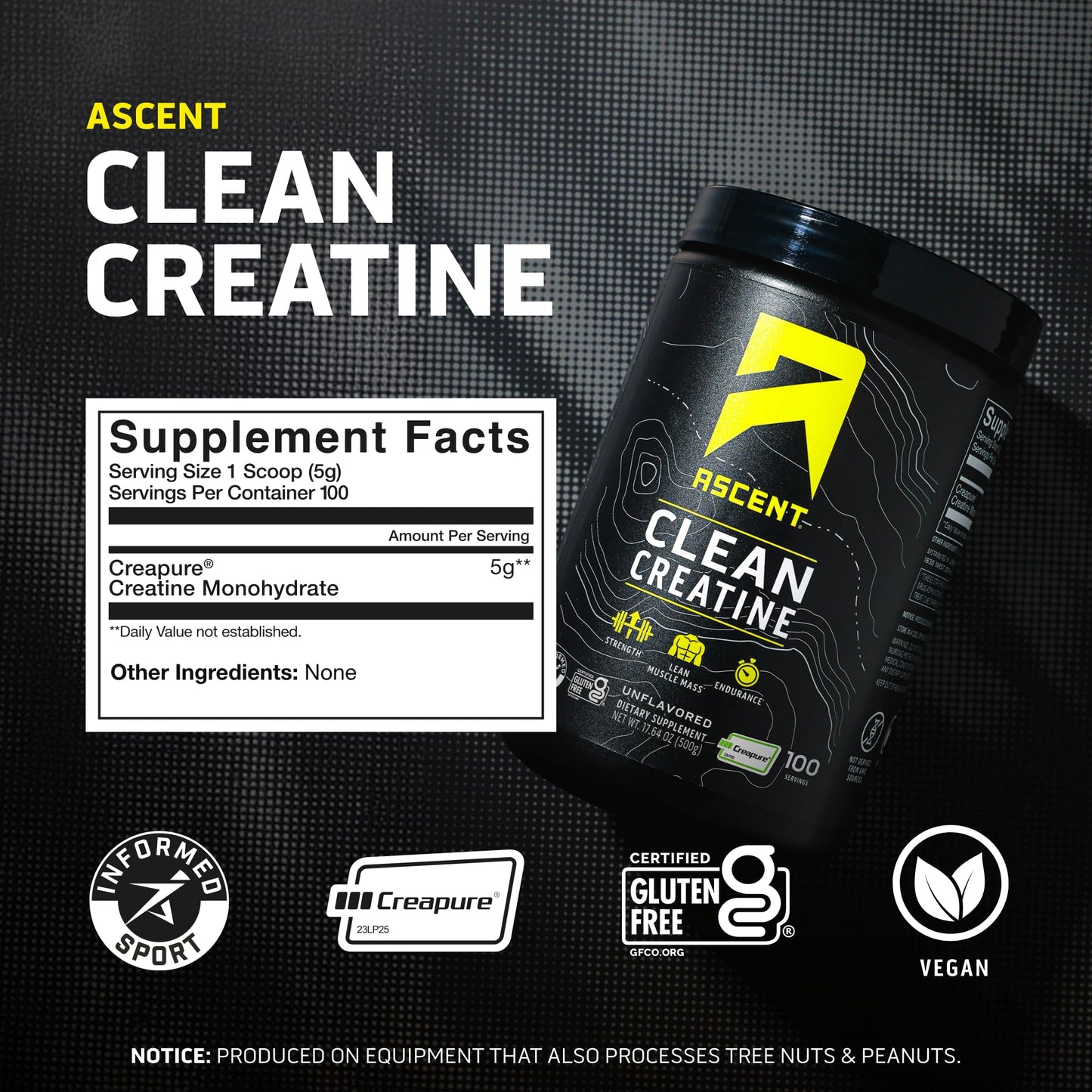 Ascent Clean Creatine Monohydrate Powder - 5G Per Serving, Creapure Creatine Supplement - Unflavored, 100 Servings - dailyvitalstore
