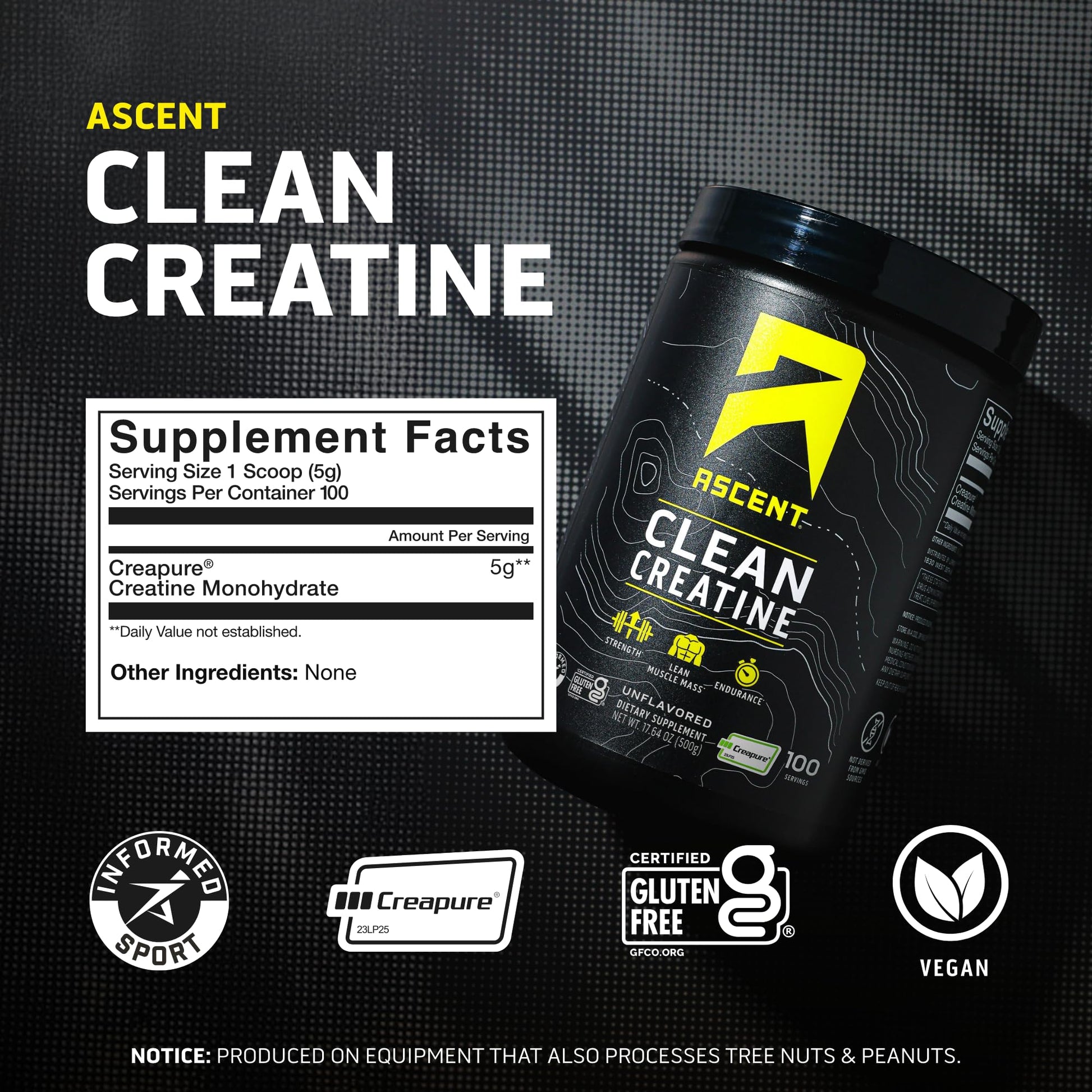 Ascent Clean Creatine Monohydrate Powder - 5G Per Serving, Creapure Creatine Supplement - Unflavored, 100 Servings - dailyvitalstore