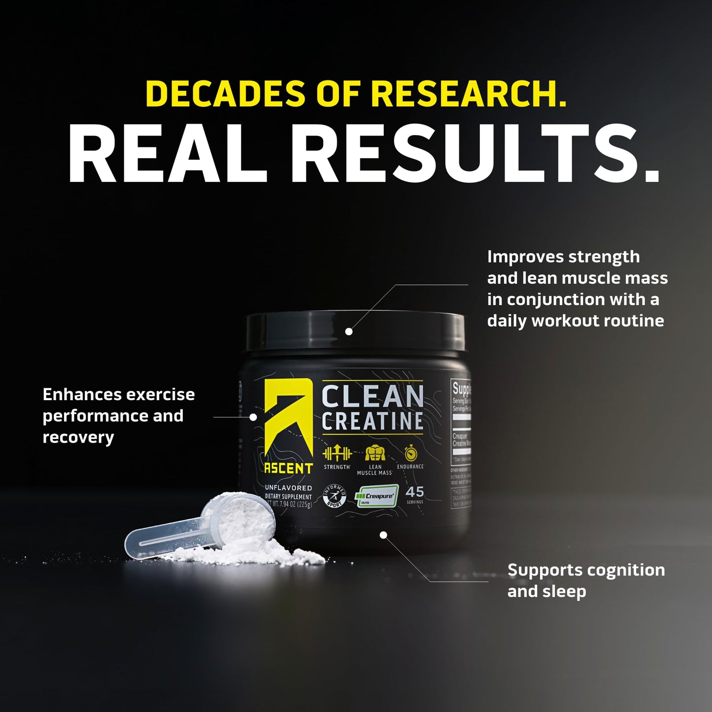 Ascent Clean Creatine Monohydrate Powder - 5G Per Serving, Creapure Supplement - Unflavored, 45 Servings - dailyvitalstore