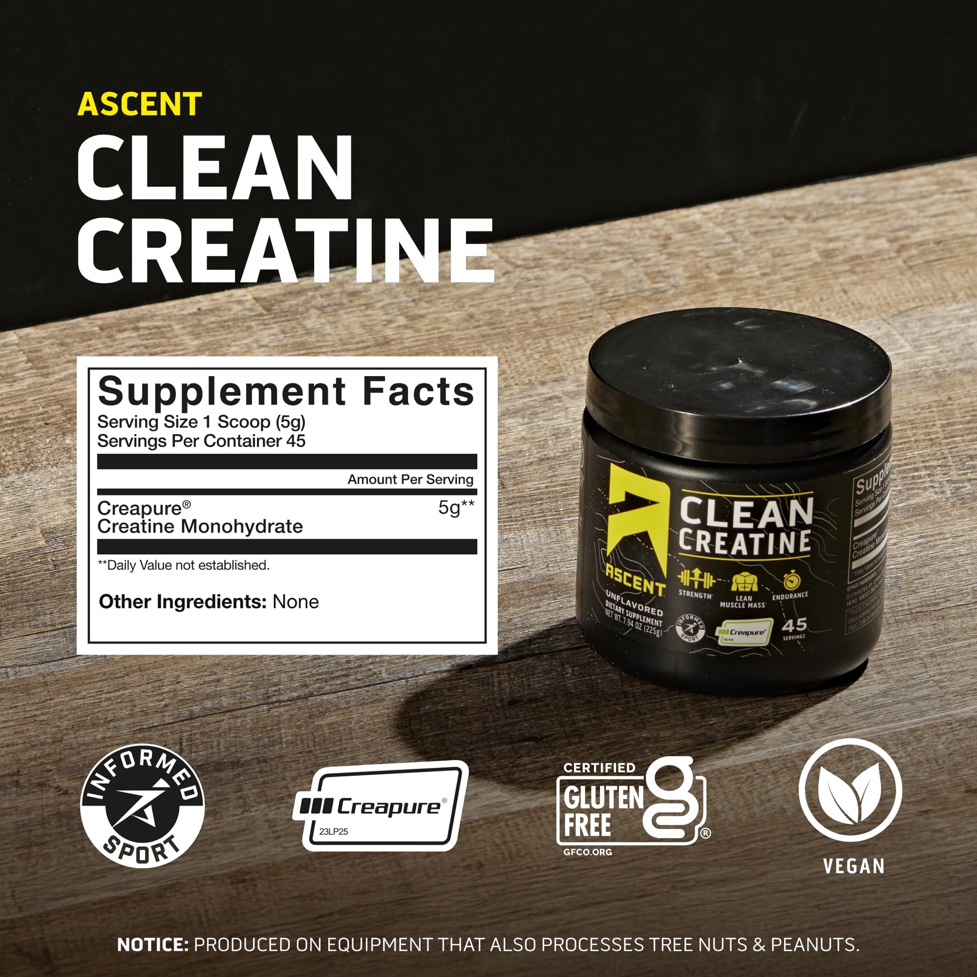 Ascent Clean Creatine Monohydrate Powder - 5G Per Serving, Creapure Supplement - Unflavored, 45 Servings - dailyvitalstore