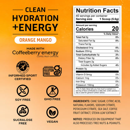 Ascent Clean Hydration + Energy Electrolytes Powder - 100mg Caffeine, 400mg Electrolytes, No Artificial Ingredients, Orange Mango 40 Servings - dailyvitalstore