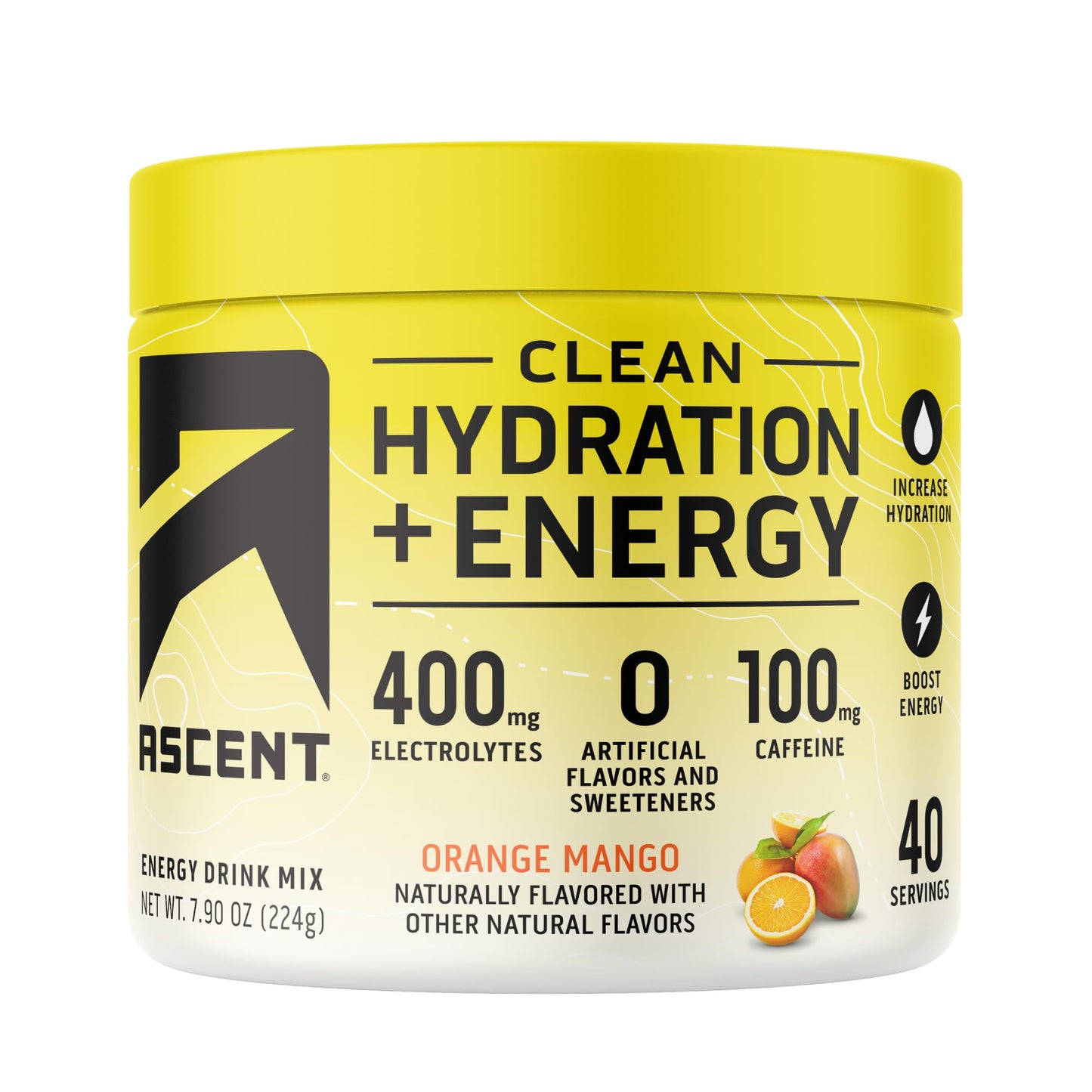 Ascent Clean Hydration + Energy Electrolytes Powder - 100mg Caffeine, 400mg Electrolytes, No Artificial Ingredients, Orange Mango 40 Servings - dailyvitalstore